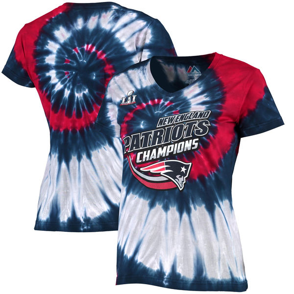 New England Patriots Women's Super Bowl LI Champions Spiral Tie-Dye V-Neck T-Shirt - Navy/Red